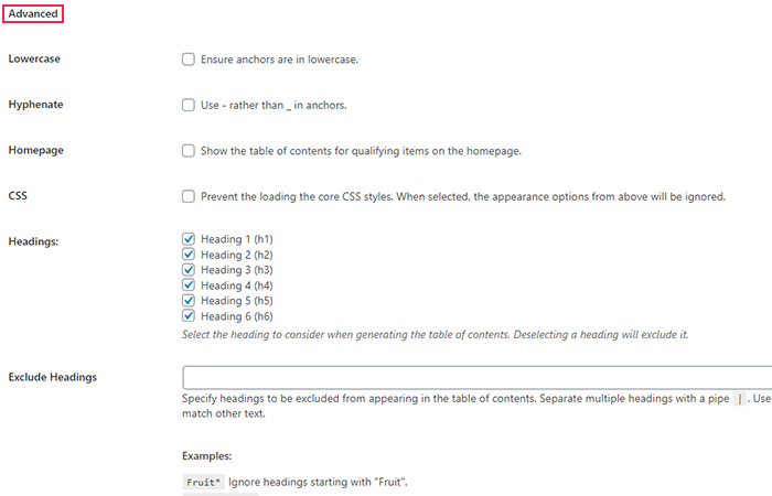 Table of Contents Advanced