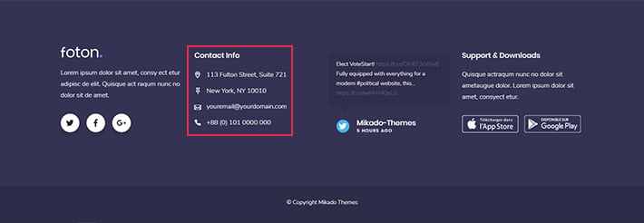 Contact info in footer