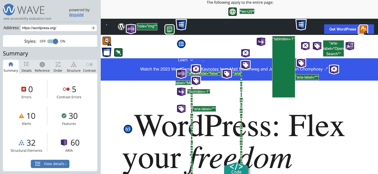 WordPress.org WAVE Test Result