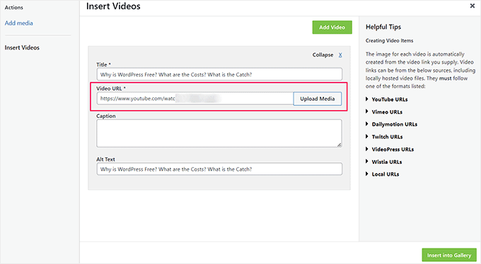 Add video URL, title, caption, and alt text