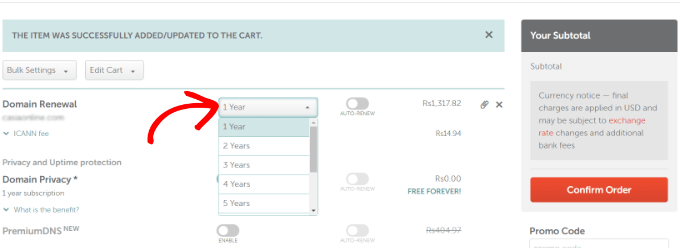 Confirm domain renewal order