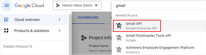Searching for the Gmail API in the console website