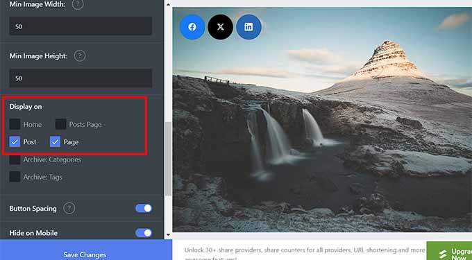 Configure the display settings for the social share buttons in images