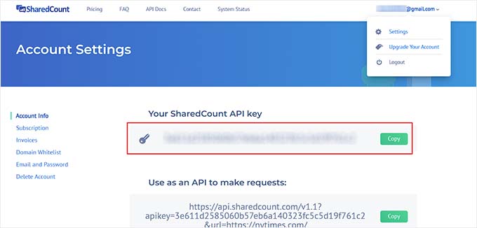 Copy your SharedCount API key