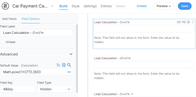 Changing the settings on an auto loan form in WordPress