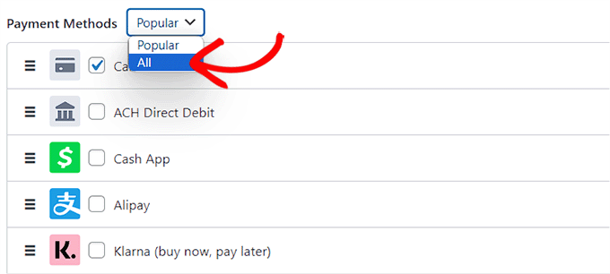 Choose the All option from the payment method dropdown menu