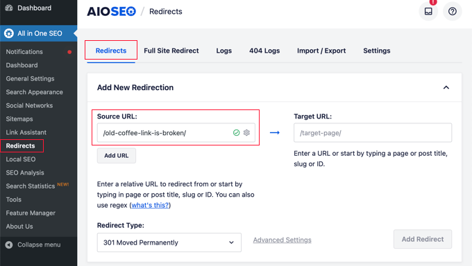 Enter a Source URL in AIOSEO Redirection Manager