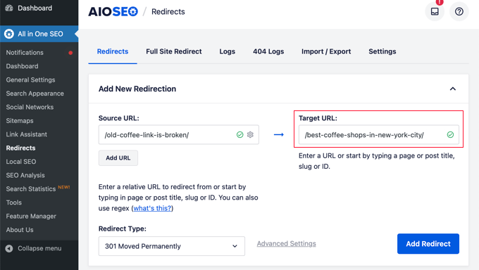 Enter a Target URL in AIOSEO Redirection Manager