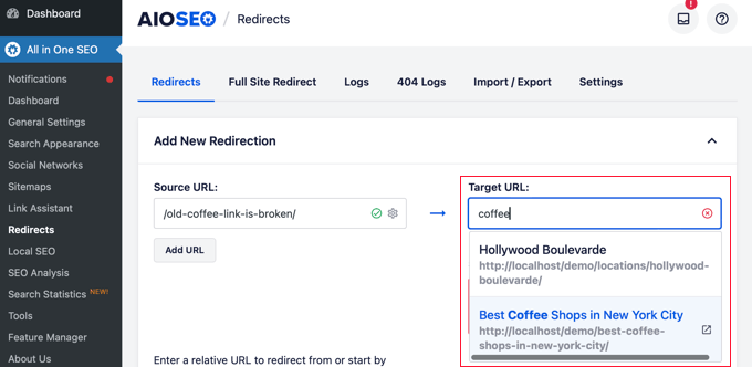 Typing the Title of the Target Page in AIOSEO Redirection Manager