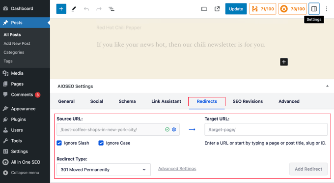 Redirecting a Post or Page From the Content Editor Using AIOSEO
