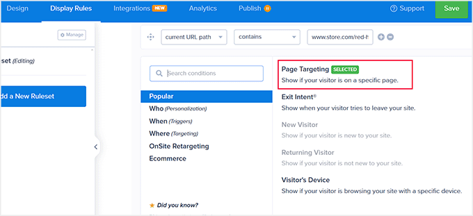 Choose page targeting for product recommendation popup