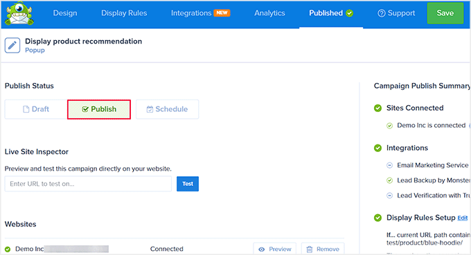 Publish the product recommendations popup