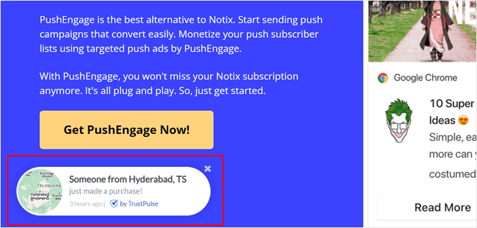 PushEngage's social proof notification