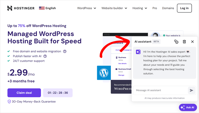 Hostinger's AI feature in WordPress hosting landing page