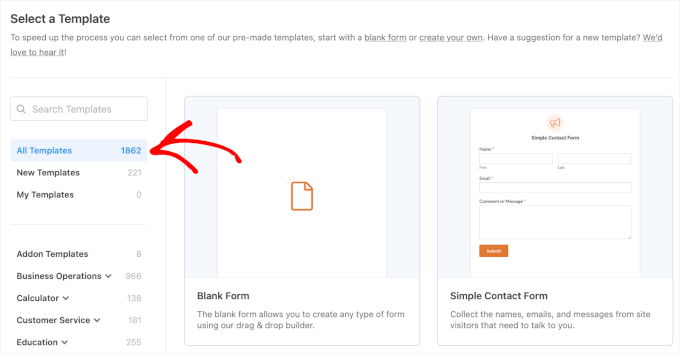 WPForms total number of templates