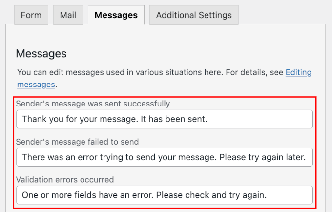 The message prompts on Contact Form 7's Messages tab