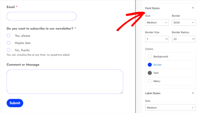 The field styles section in WPForms block settings