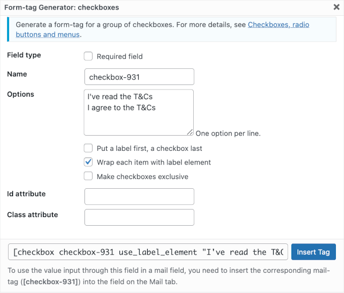 Form tag generator on Contact Form 7