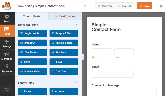 WPForms form builder interface