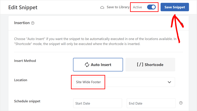 Choosing Site Wide Footer location in WPCode