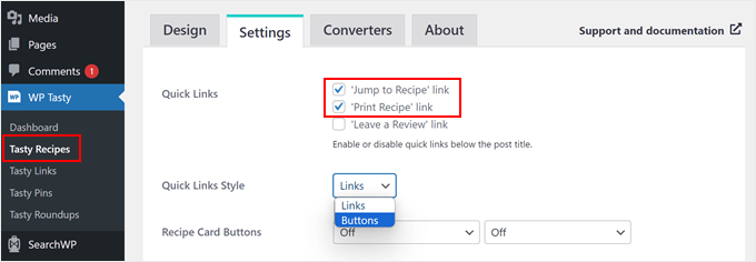 The Jump Recipe button settings in WP Tasty