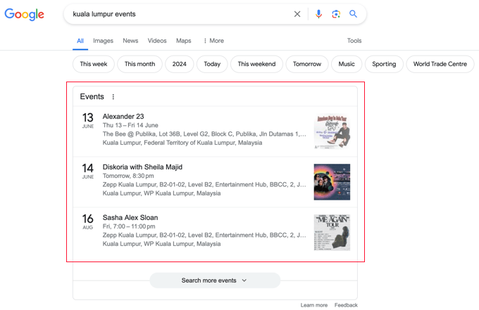 Example of an Events Listing in a Google Search