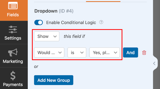 The conditional logic for the second Dropdown field in the Smart Logic tab