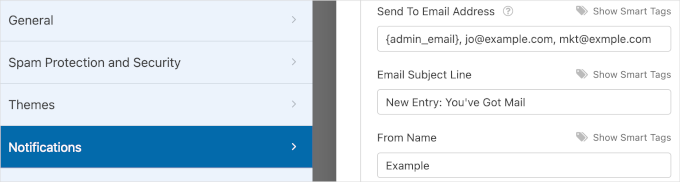 WPForm's Default Notifications settings for the first three fields