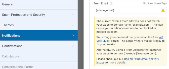 WPForm's Default Notifications settings for the From Email field