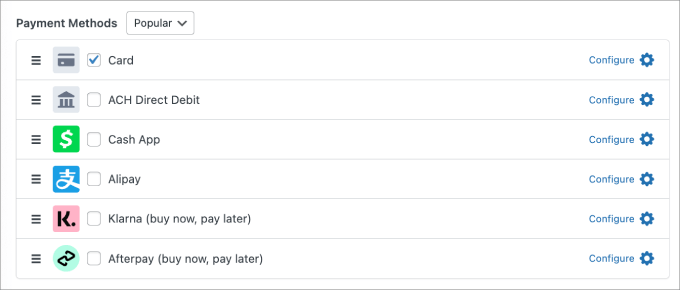 WP simple pay payment methods