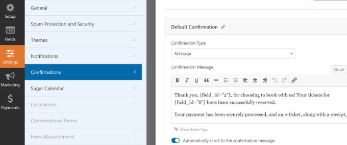 Edit booking form confirmation settings