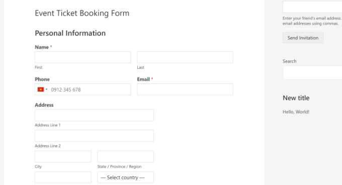 Event booking form preview