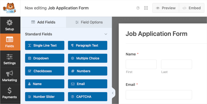 WPForms' builder interface for the Job Application Upload Form template