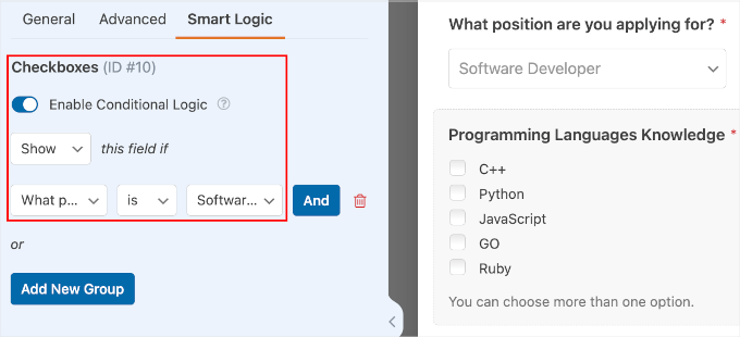 Conditional logic for candidates applying for the software developer position