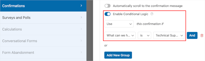 Conditional logic for the technical support inquiry's confirmation message