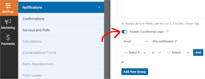 The enable conditional logic toggle on WPForms' notifications setting area