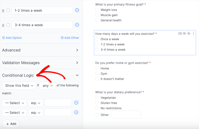 The conditional logic menu item in Formidable Forms builder