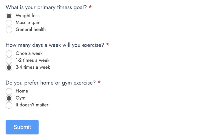 Chained quiz when users choose weight loss and once a week