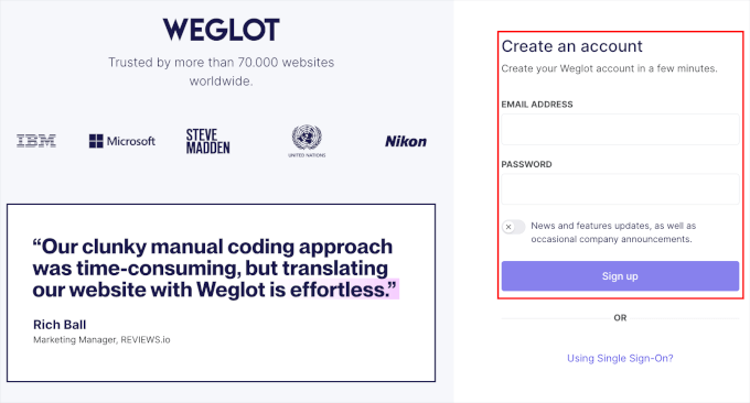 Weglot's sign up page