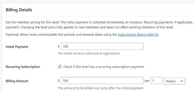 Enter billing details for member level