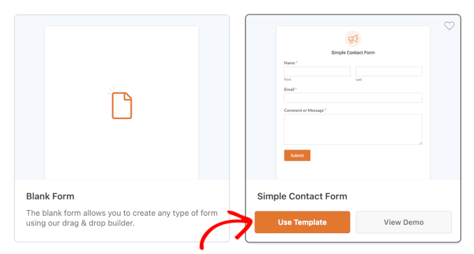 The Use Template button for Simple Contact Form in WPForm's Setup panel