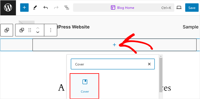 Adding a cover block to the group block in full site editor