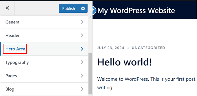 The Hero area in the Sydney theme customizer