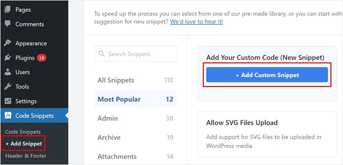 Adding a new custom code snippet in WPCode