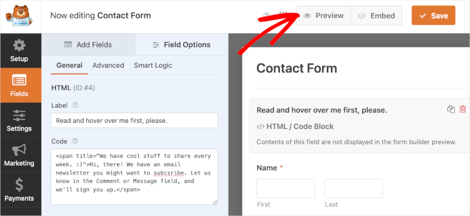 WPForms' preview button