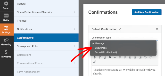 WPForms confirmation types