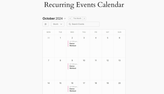 Recurring events calendar preview