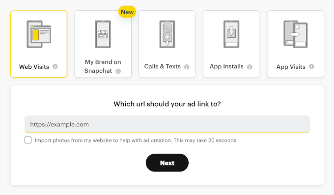 Choosing goals and entering site URL in Snapchat