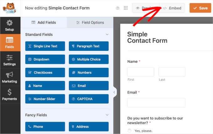 The Embed button in WPForms form builder