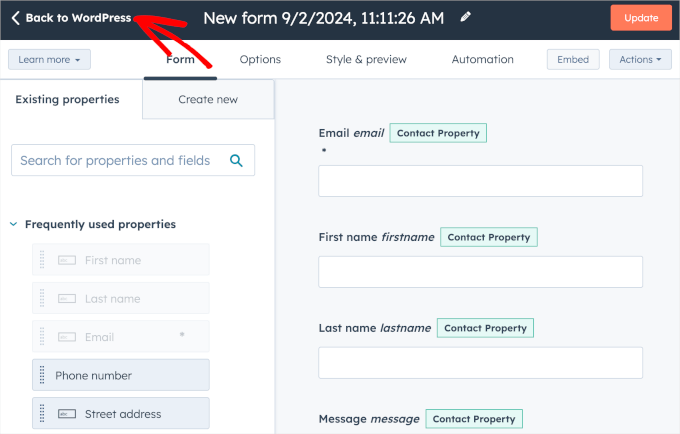 Back to WordPress button in HubSpot form builder